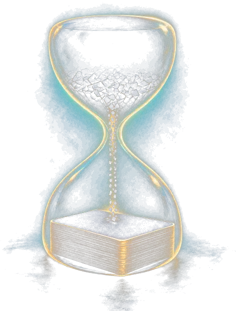 An hourglass whose falling sand is playing cards, collecting as a deck in the lower chamber